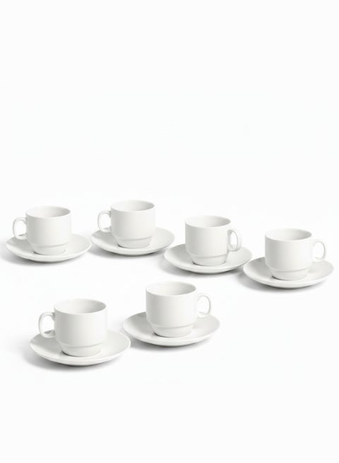 Feelings Elegant Ceramic Coffee Cup & Saucer Set, 12 Pieces – 6 x 85ml Cups + 6 Matching Saucers, Classic Durable Serveware for Arabic Coffee, Espresso & Tea, Microwave & Dishwasher Safe, White